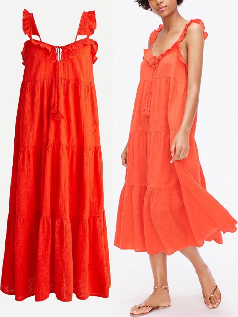 J. Crew Tiered Ruffle Maxi Dress M Crinkle Gauze 100% Cotton Red Orange $128 - Picture 1 of 16